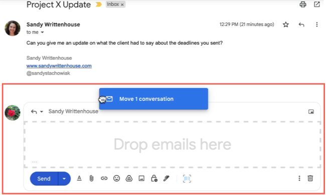 Перетащите письмо в окно ответа в области чтения