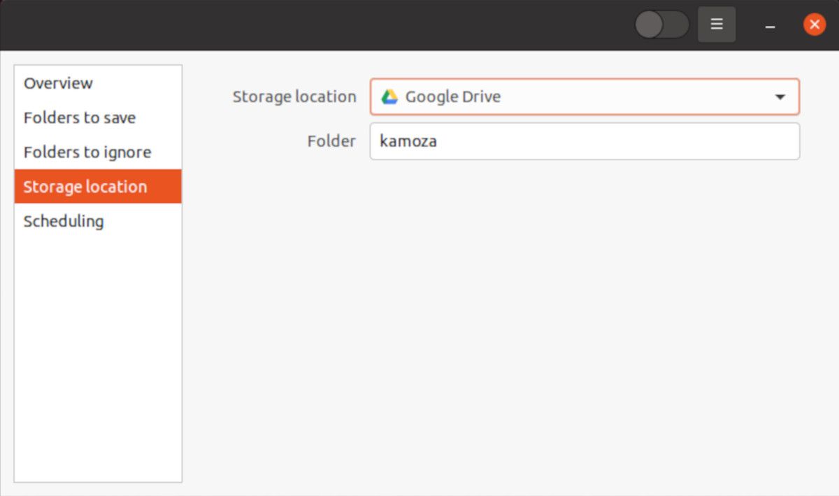 Выбор места хранения резервной копии в Déjà Dup