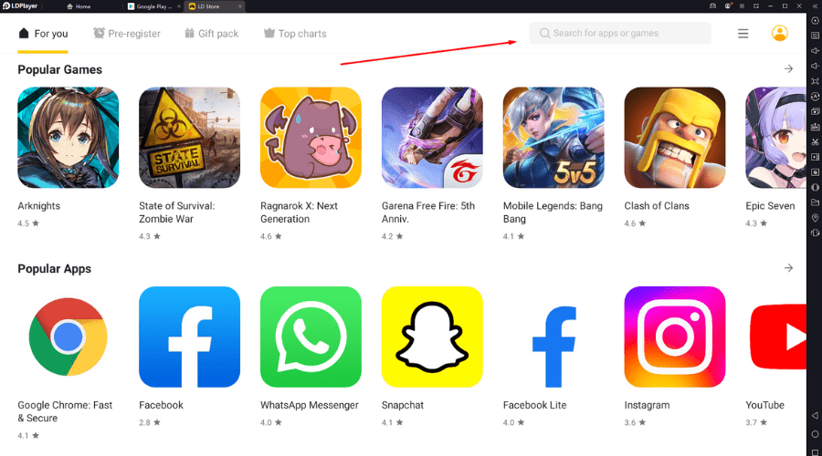 Поиск приложения YouTube в магазине LD Store