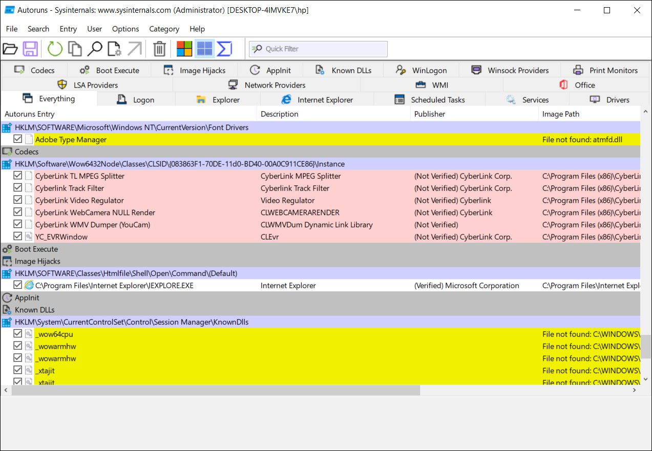 Подсвеченные записи в Autoruns