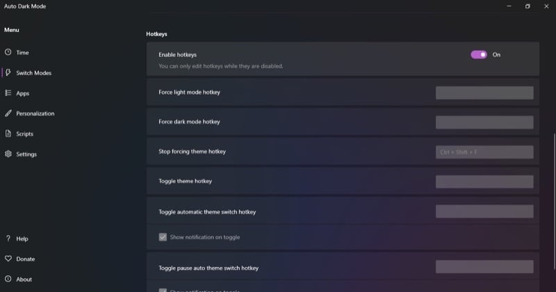 Настройка горячих клавиш в Auto Dark Mode