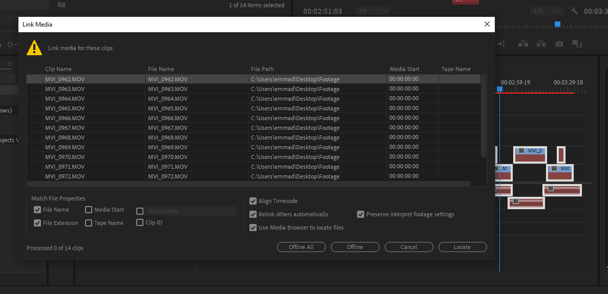 Окно поиска отсутствующих материалов в Premiere Pro