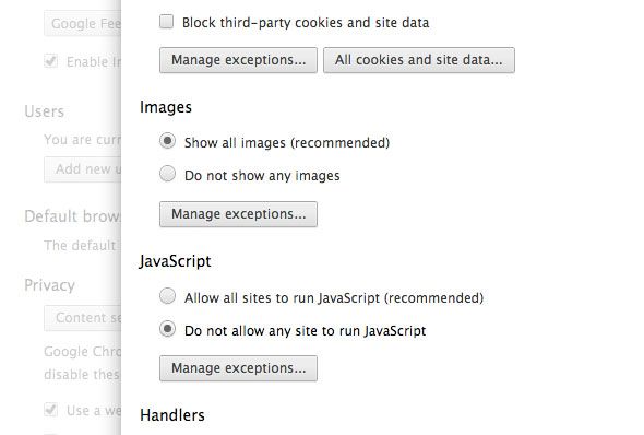 Отключение JavaScript в настройках браузера