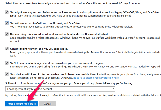 Пометить аккаунт для закрытия Microsoft