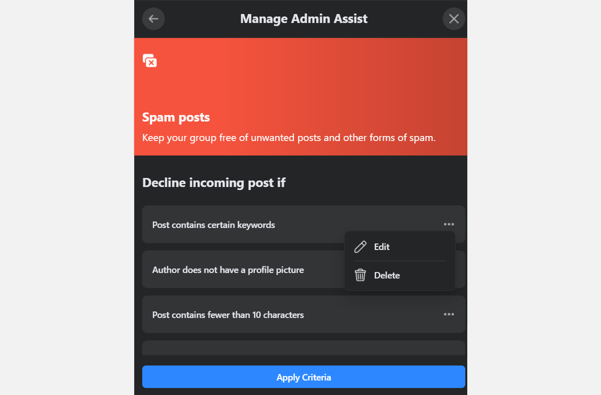 Select your criteria to mark comments or posts as spam