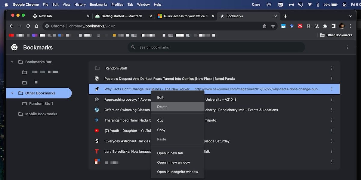 Интерфейс управления закладками в Google Chrome