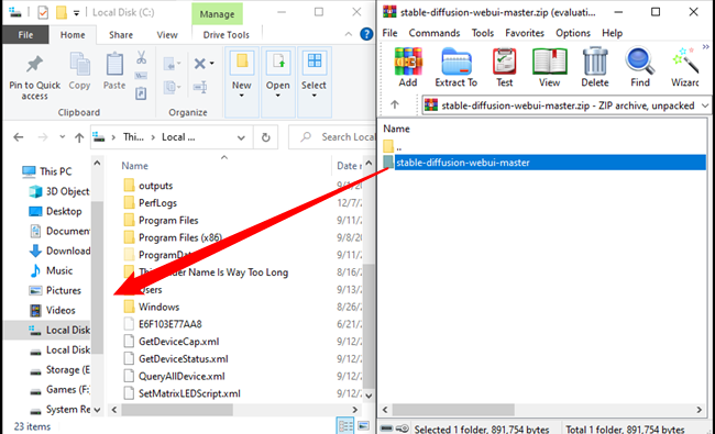 Папка stable-diffusion-webui, извлечённая в C: