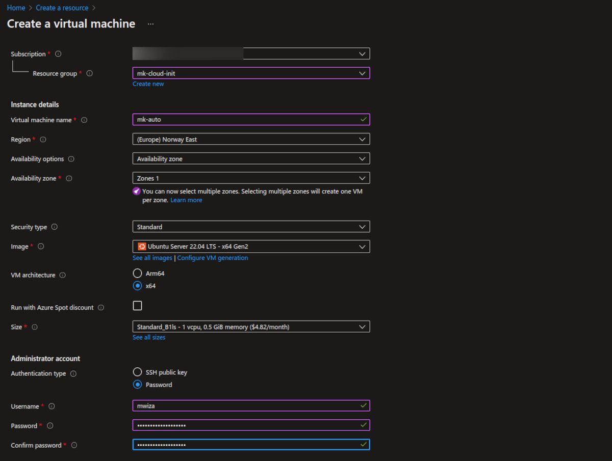 Страница создания виртуальной машины в Azure с настройками имени, региона и аутентификации