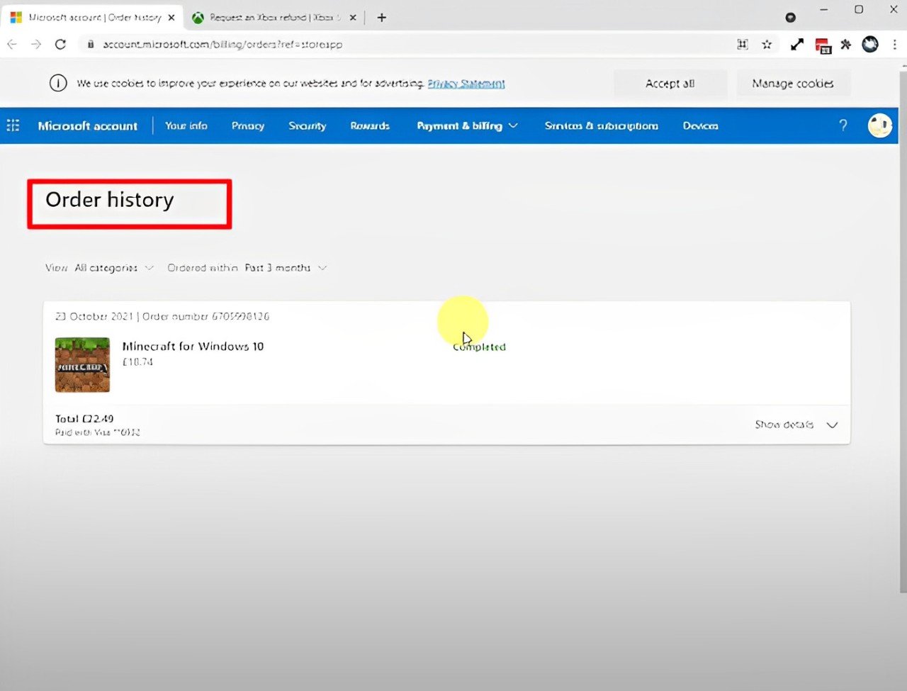 Cronologia ordini Microsoft
