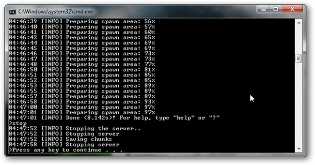 Приглашение 'Press any key to continue' после выключения сервера