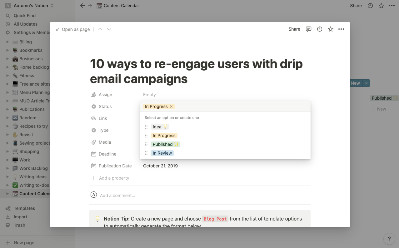 Скриншот выбора статуса карточки
