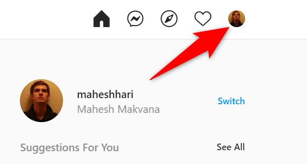 Значок профиля в правом верхнем углу сайта Instagram