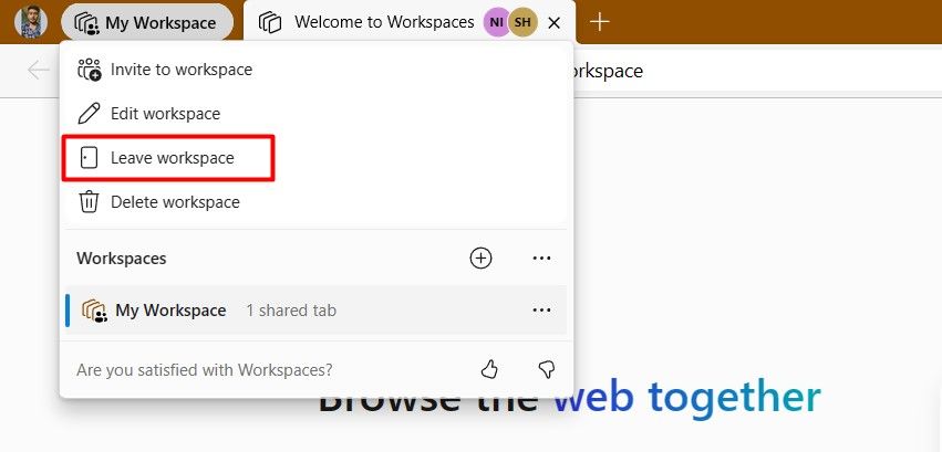 Опция Leave Workspace в Edge.