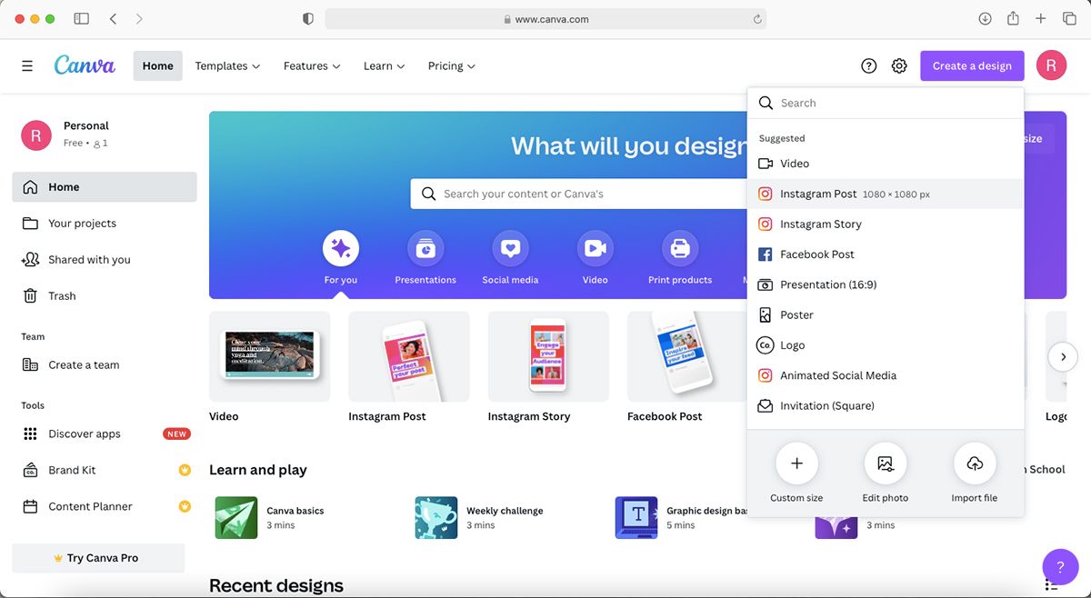 Canva главная страница с опцией Создать дизайн.