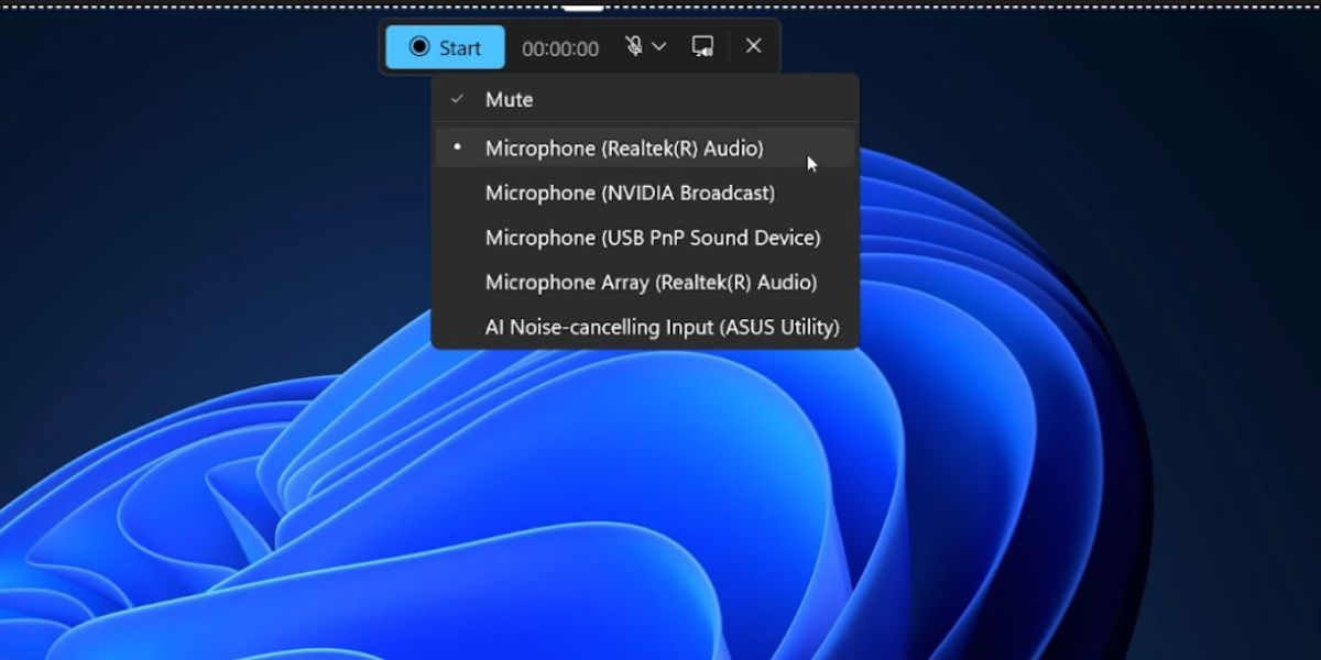 Выбор микрофонного входа в Snipping Tool