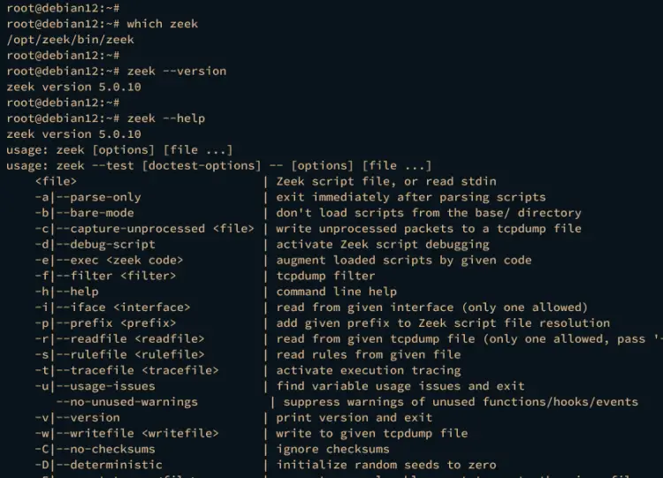 Проверка версии Zeek и доступных опций