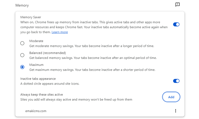 Опция Memory Saver в Google Chrome для добавления исключений.