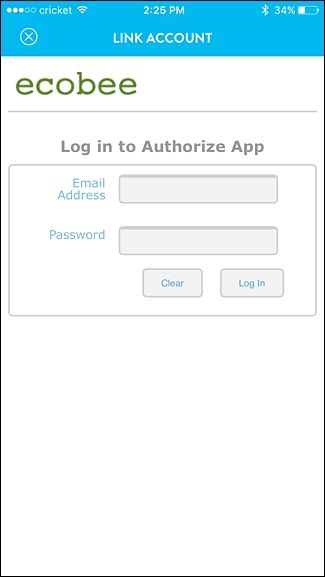 Экран авторизации Ecobee в приложении Wink
