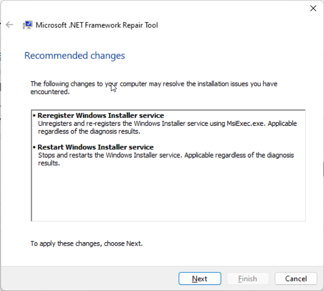 Результаты рекомендации в Repair Tool