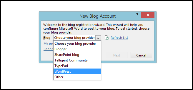Выбор платформы блога в Word 2013
