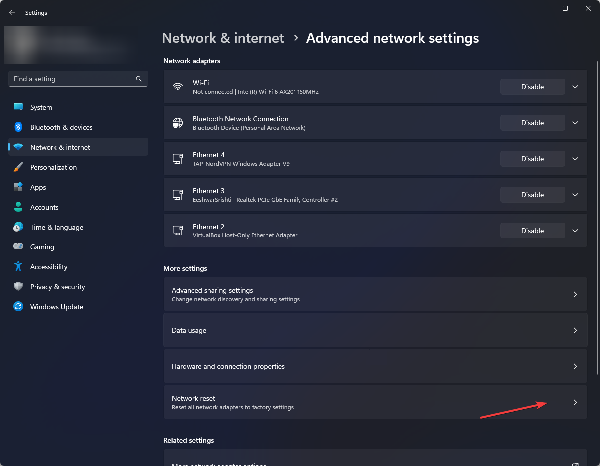 Параметр «Сброс сети» в дополнительных сетевых настройках