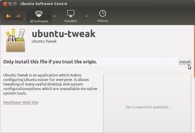 Окно установки Ubuntu Tweak в Центре приложений