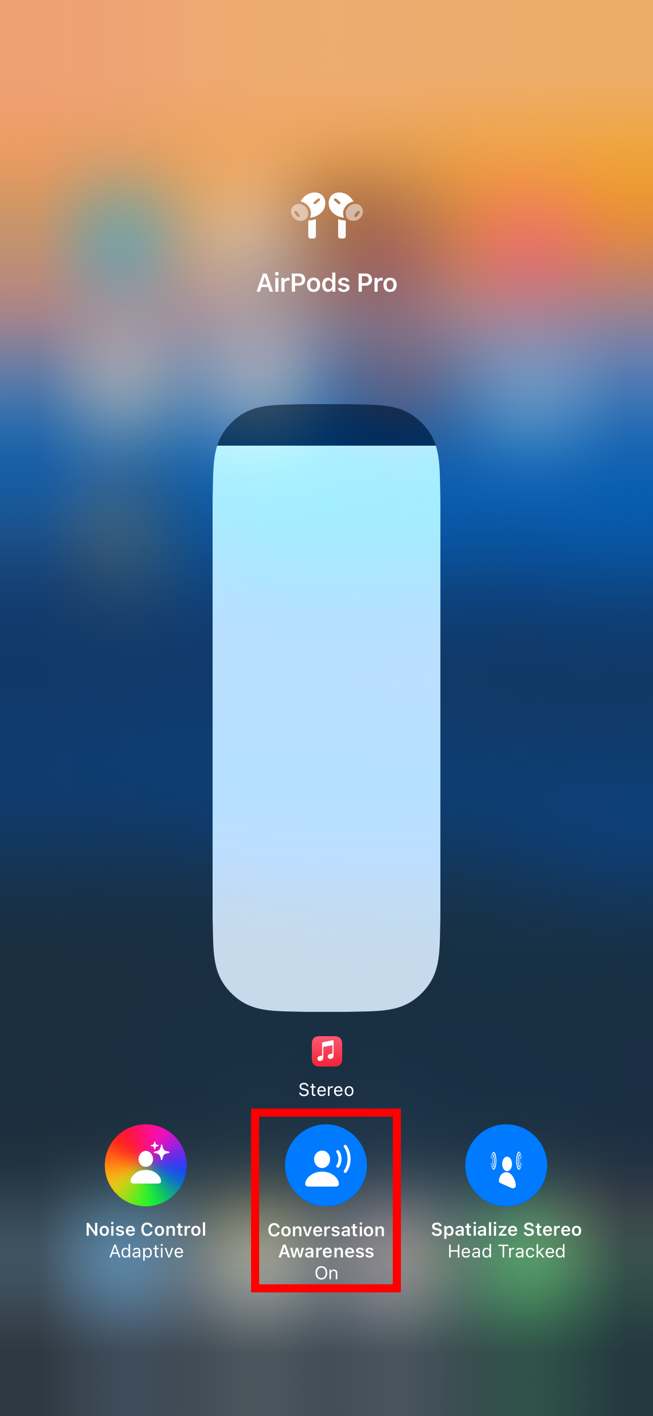 Пункт управления iPhone с включенной опцией Conversation Awareness