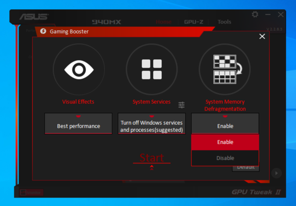 Раздел дефрагментации системной памяти в ASUS GPU Tweak II
