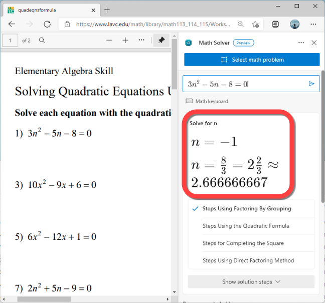 Math Solver показывает решение задачи и список методов с шагами.