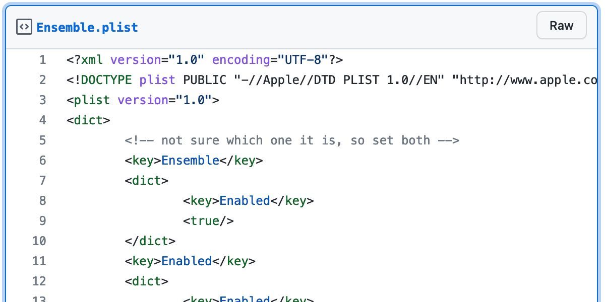 Фрагмент кода ensemble.plist в окне GitHub.