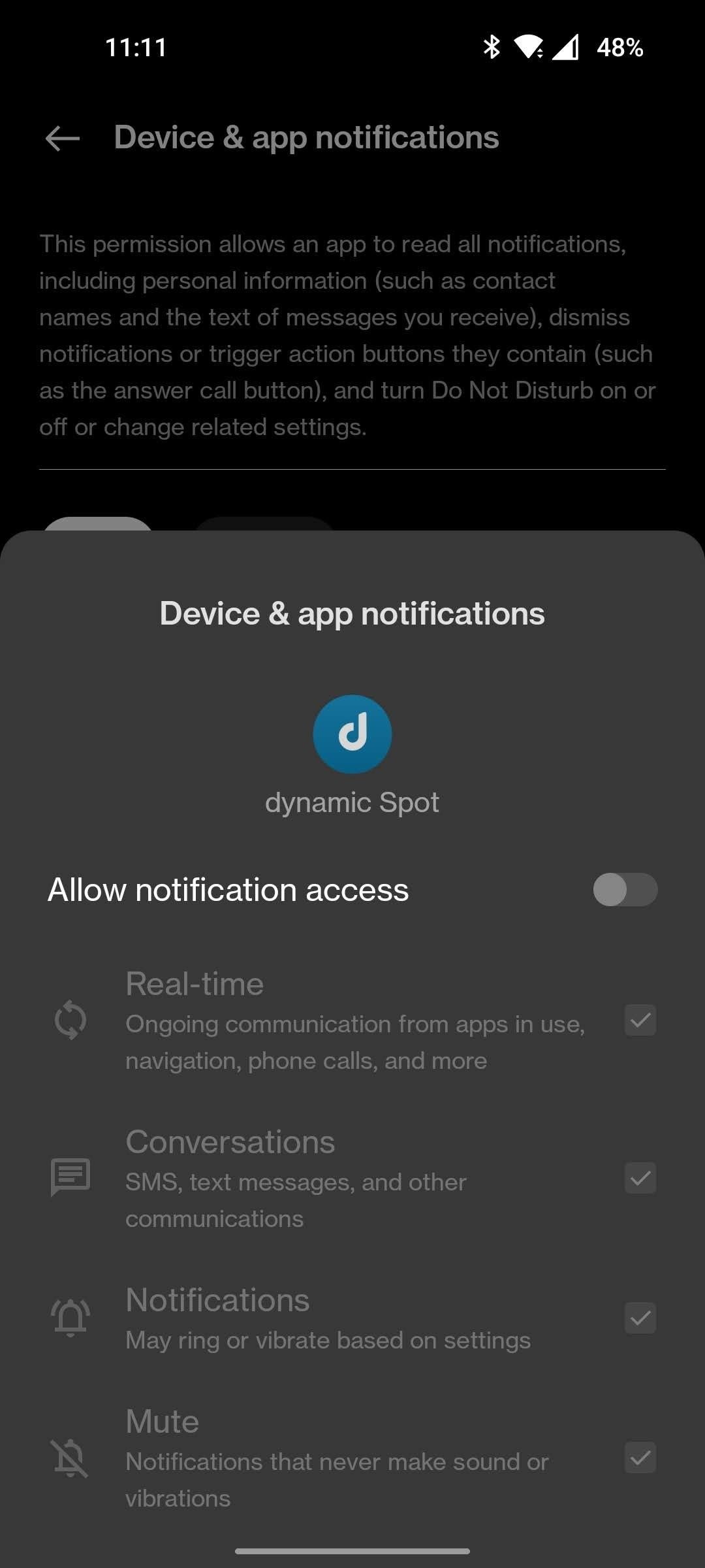 Разрешение на доступ к уведомлениям для dynamicSpot
