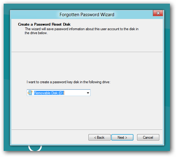 Выбор USB‑накопителя для записи ключа сброса