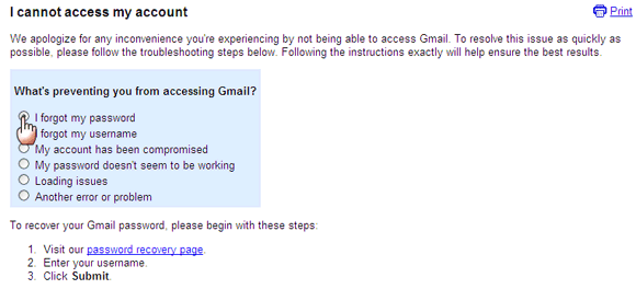 Страница помощи Gmail — вариант 'Я забыл пароль'