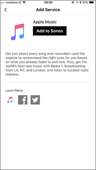 Кнопка добавления Apple Music в Sonos