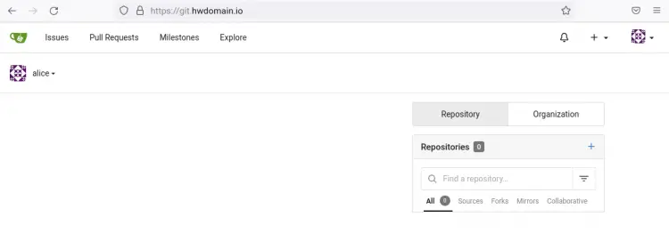 Панель управления Gitea после успешной установки