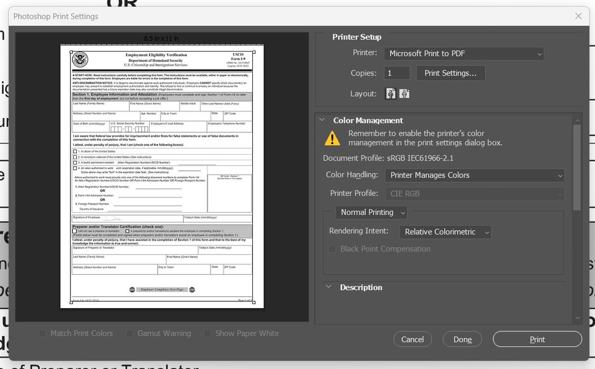 Диалог печати в Photoshop настроен на печать в PDF