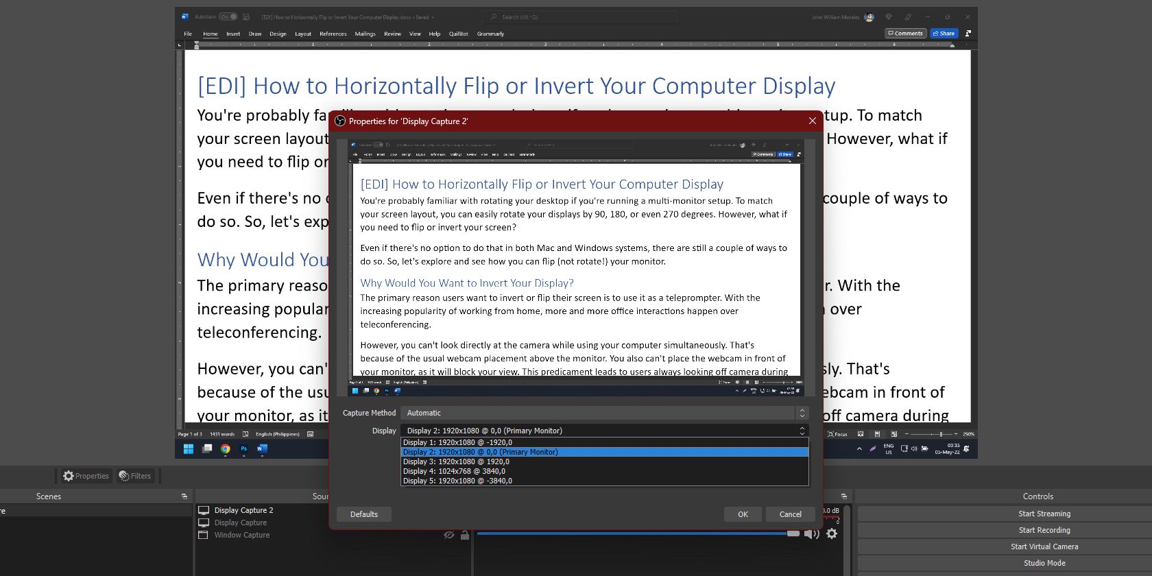 Choosing Display to Invert on OBS Studio