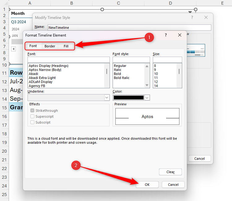 Диалог Format Timeline Element с вкладками Font, Border, Fill и выделенной кнопкой OK.