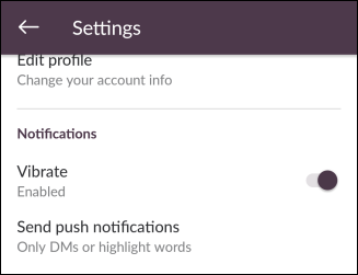 Настройки уведомлений Slack на Android