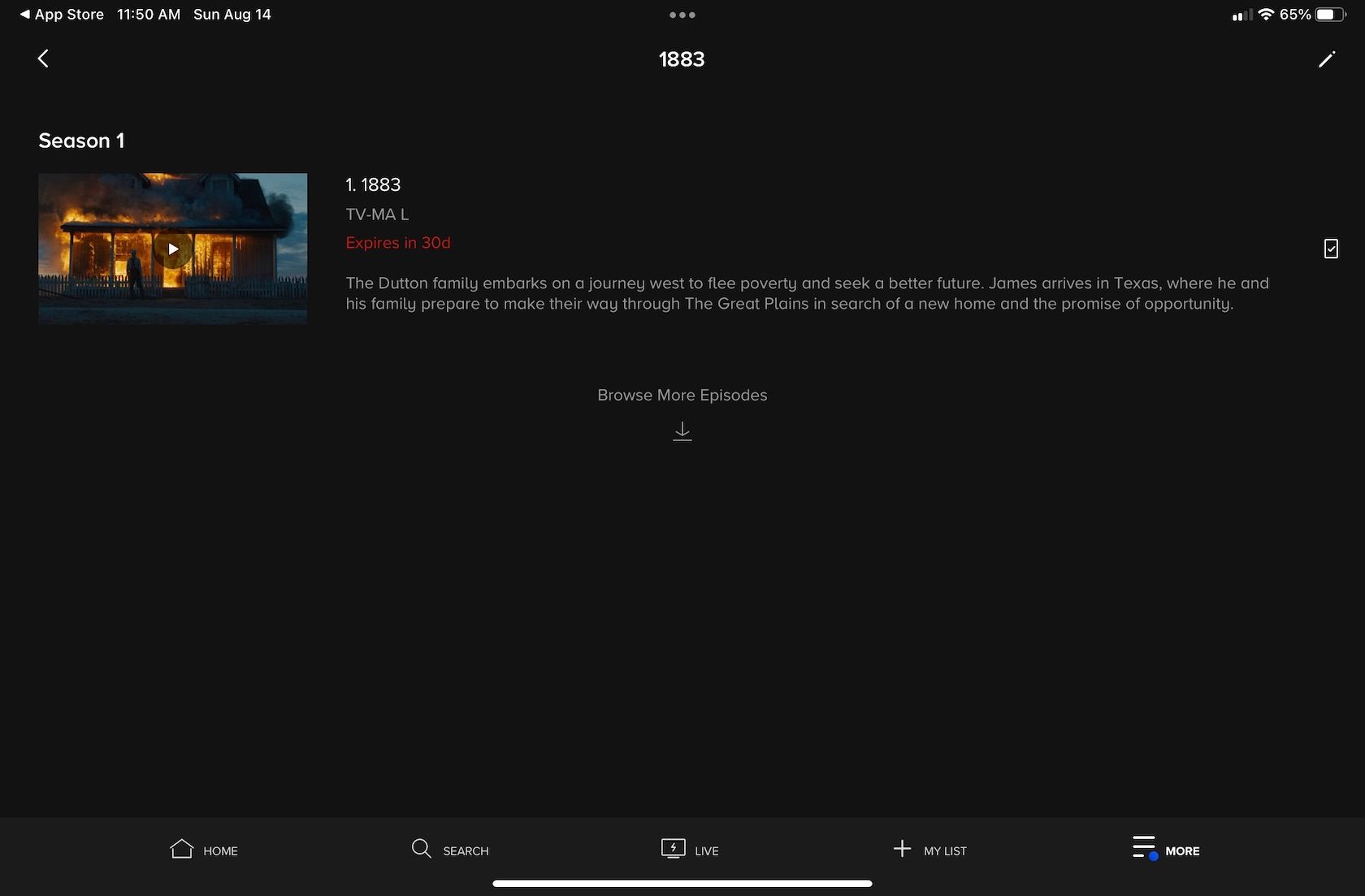 Экран загрузки: эпизод 1883, срок действия загрузки — 30 дней