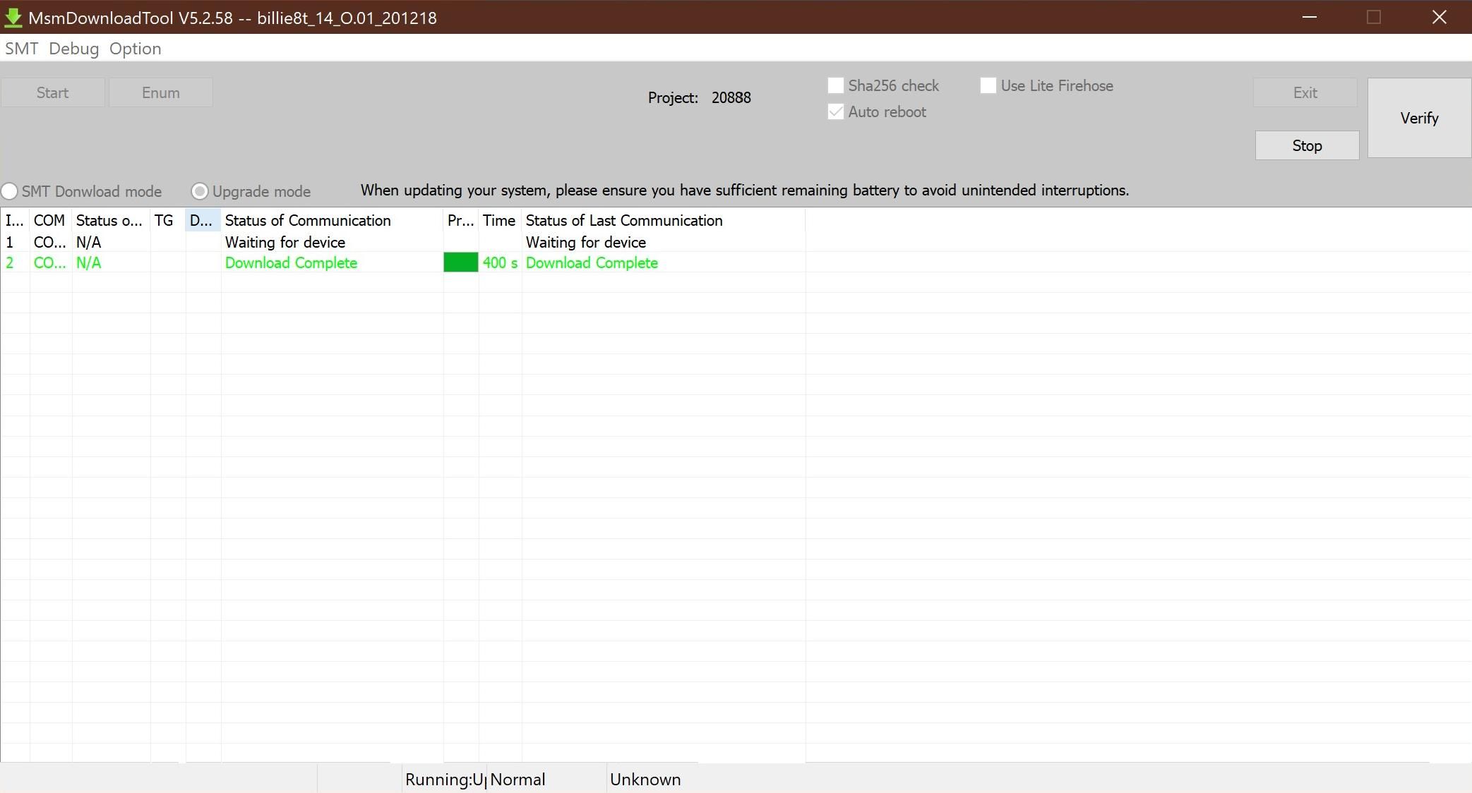 Главный экран MSMDownloadTool с завершёнными процессами