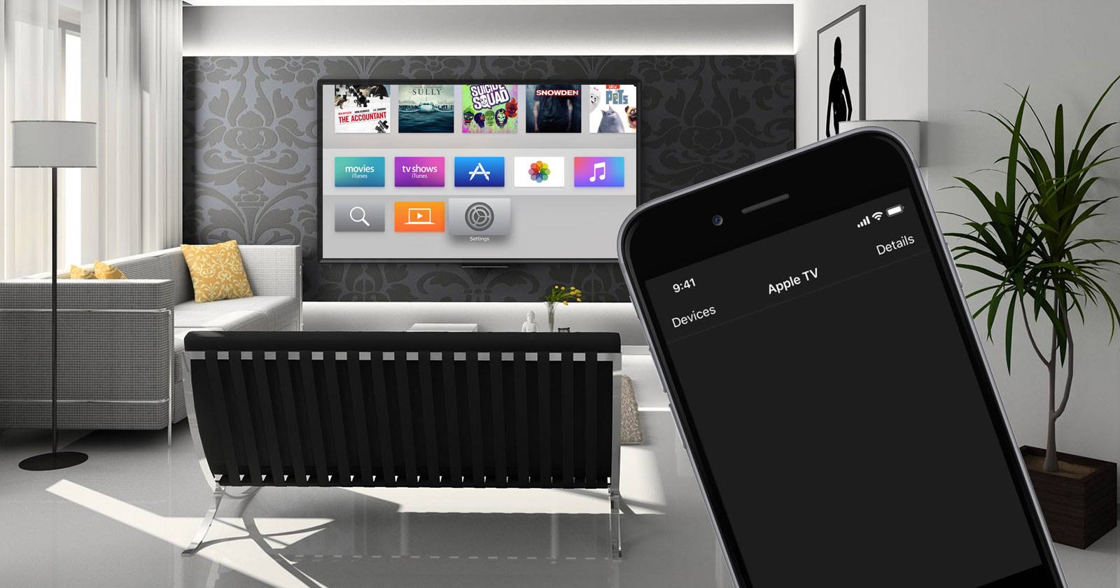 iPhone рядом с виртуальным пультом Apple TV на экране