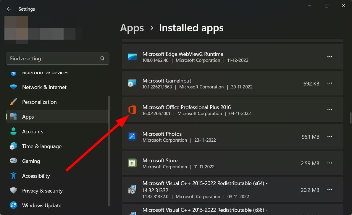 Microsoft Office в списке установленных приложений