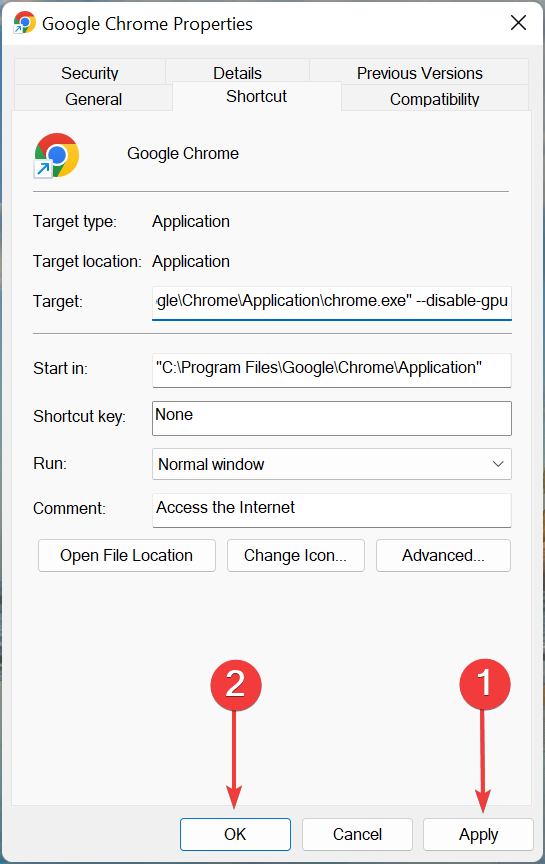 Кнопки Применить и OK в свойствах ярлыка Chrome