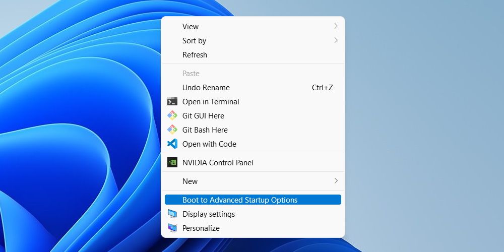Пункт Boot to Advanced Startup Options в контекстном меню Windows
