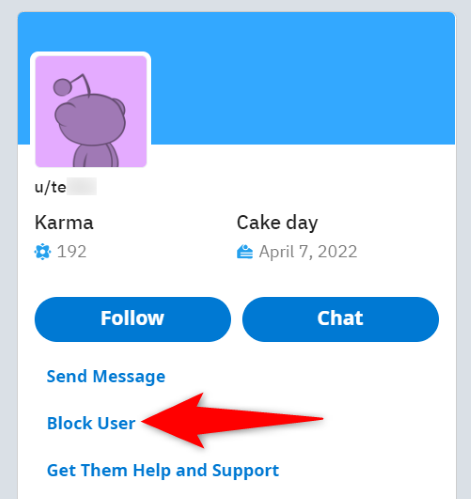 Кнопка блокировки пользователя в интерфейсе Reddit на компьютере.