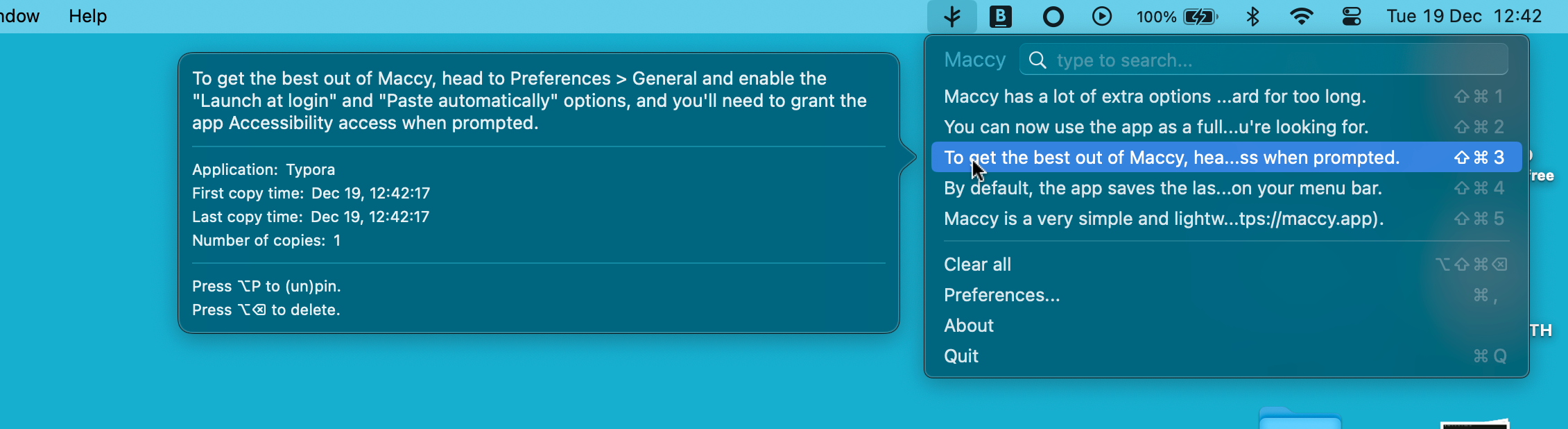 Выбор элементов истории буфера обмена в Maccy