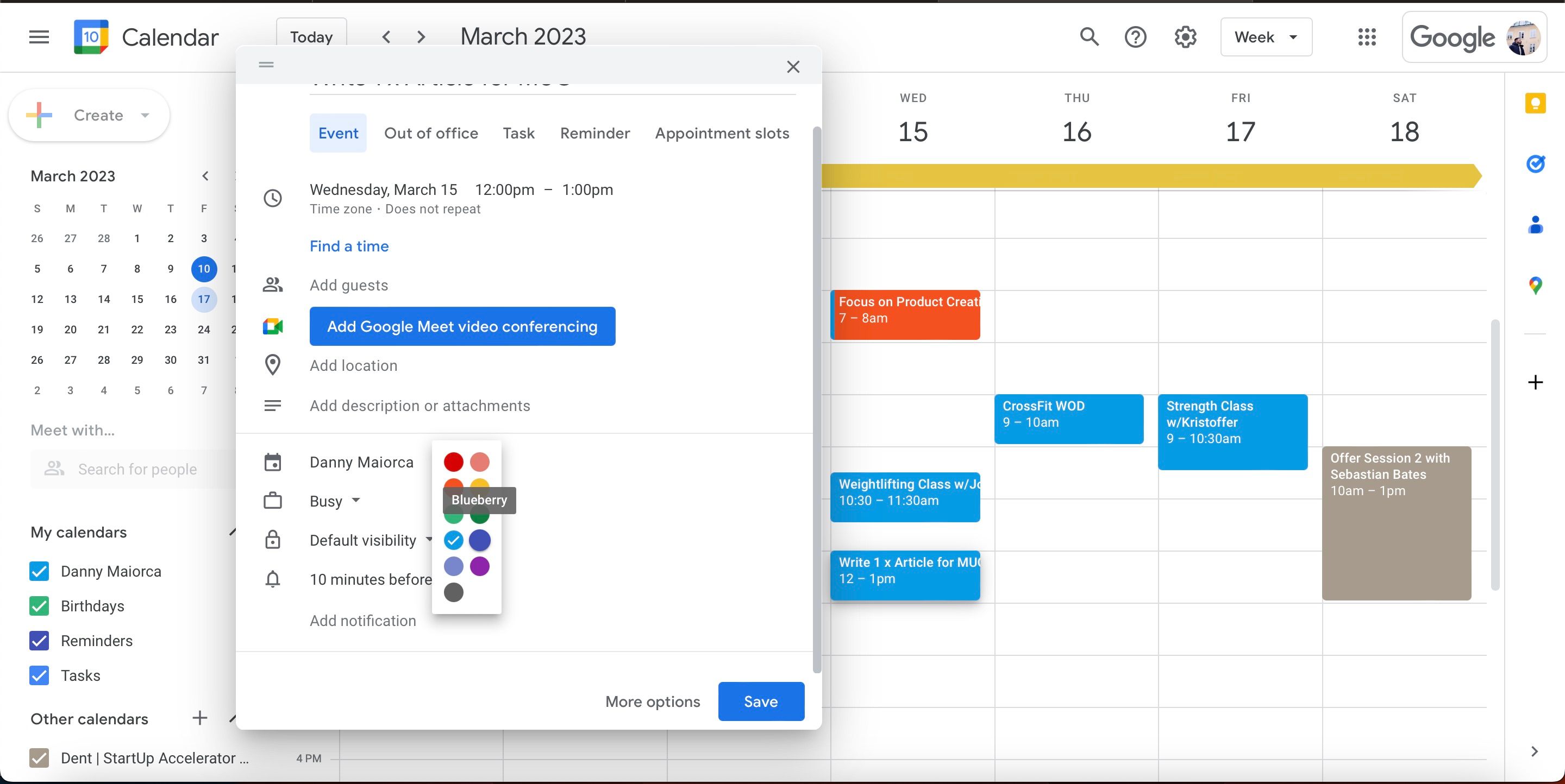 Выбор цвета для события в Google Календаре
