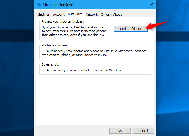 Окно настройки резервного копирования папок OneDrive с кнопкой запуска процесса.
