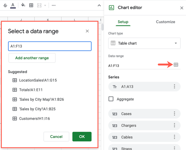 Диапазон данных для таблицы-диаграммы